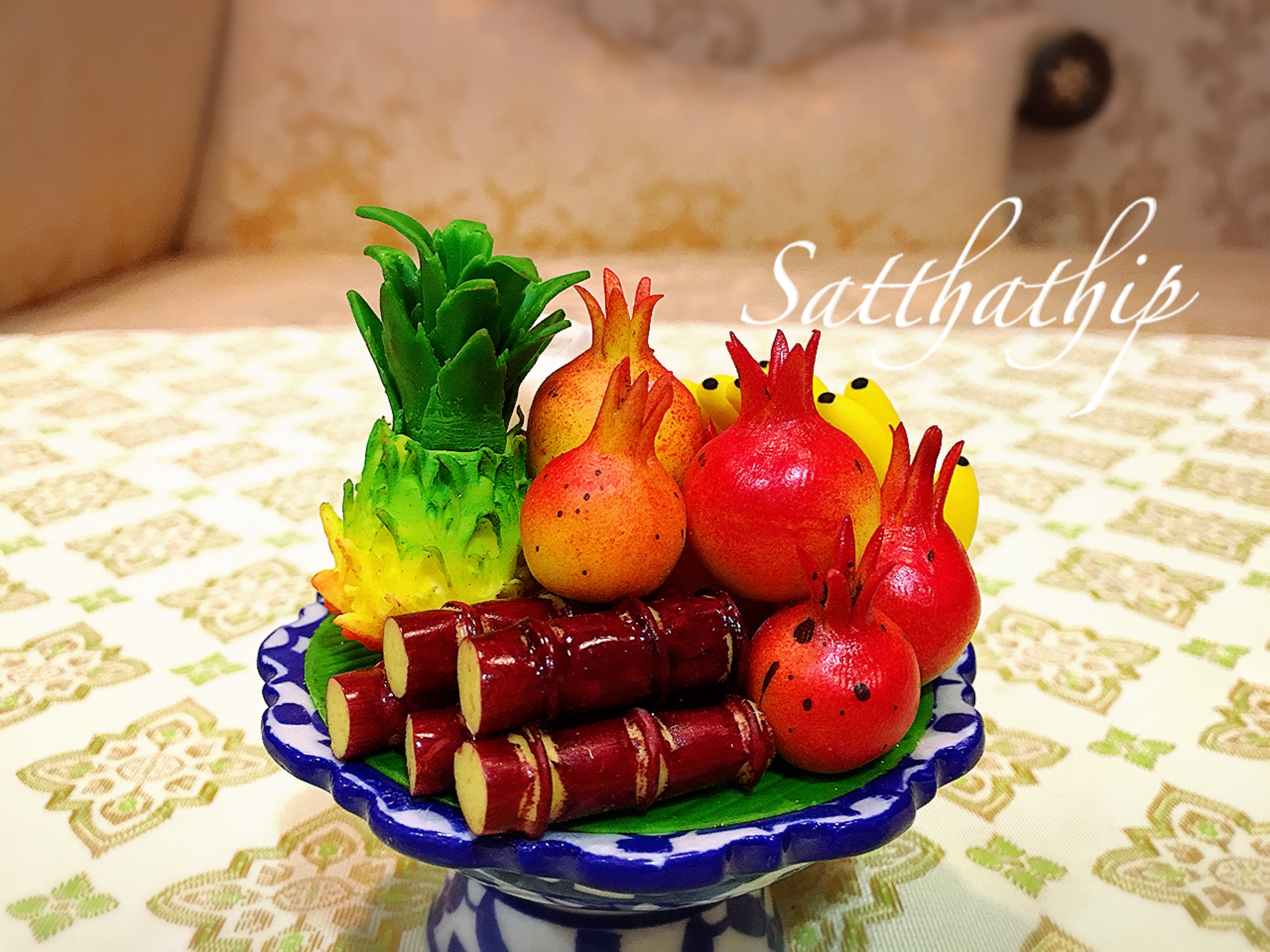 พานผลไม้ (5 อย่าง) ประดิษฐ์จากดิน - ผลไม้จิ๋ว - ผลไม้มงคล