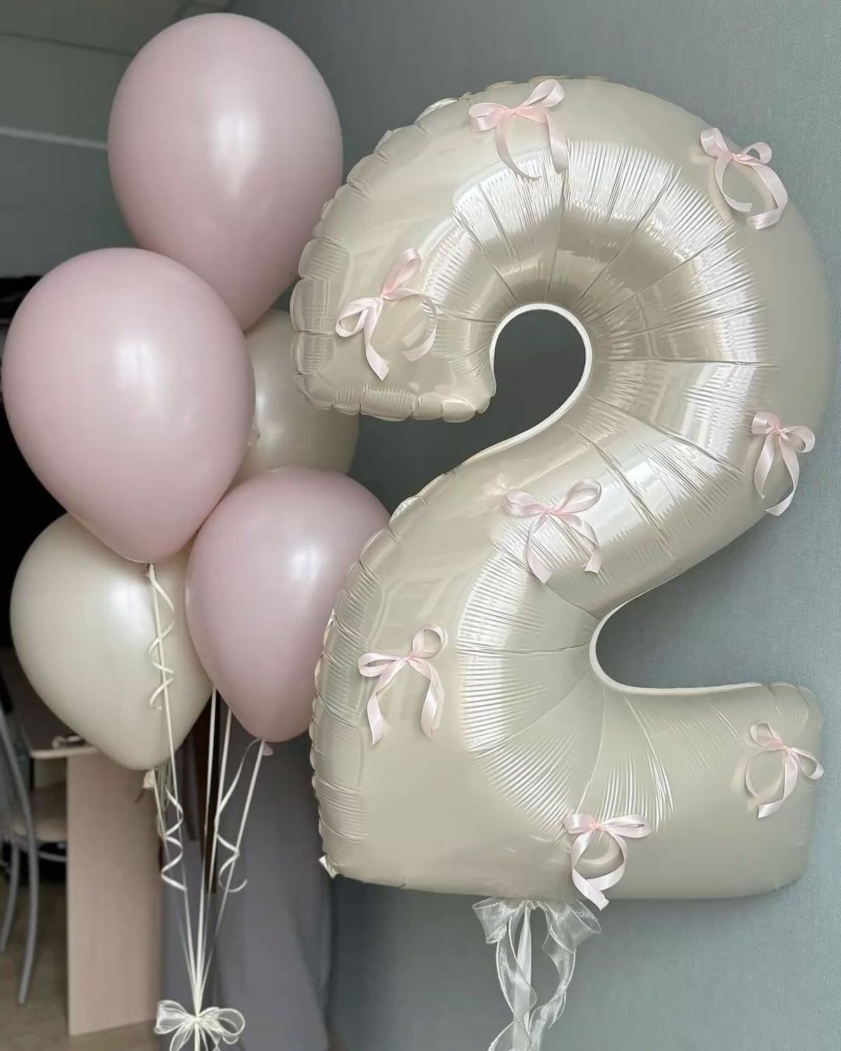 ลูกโป่งวันเกิดและตัวเลข foil number helium ribbon in dust pink and whitesand balloons set(6pcs.)