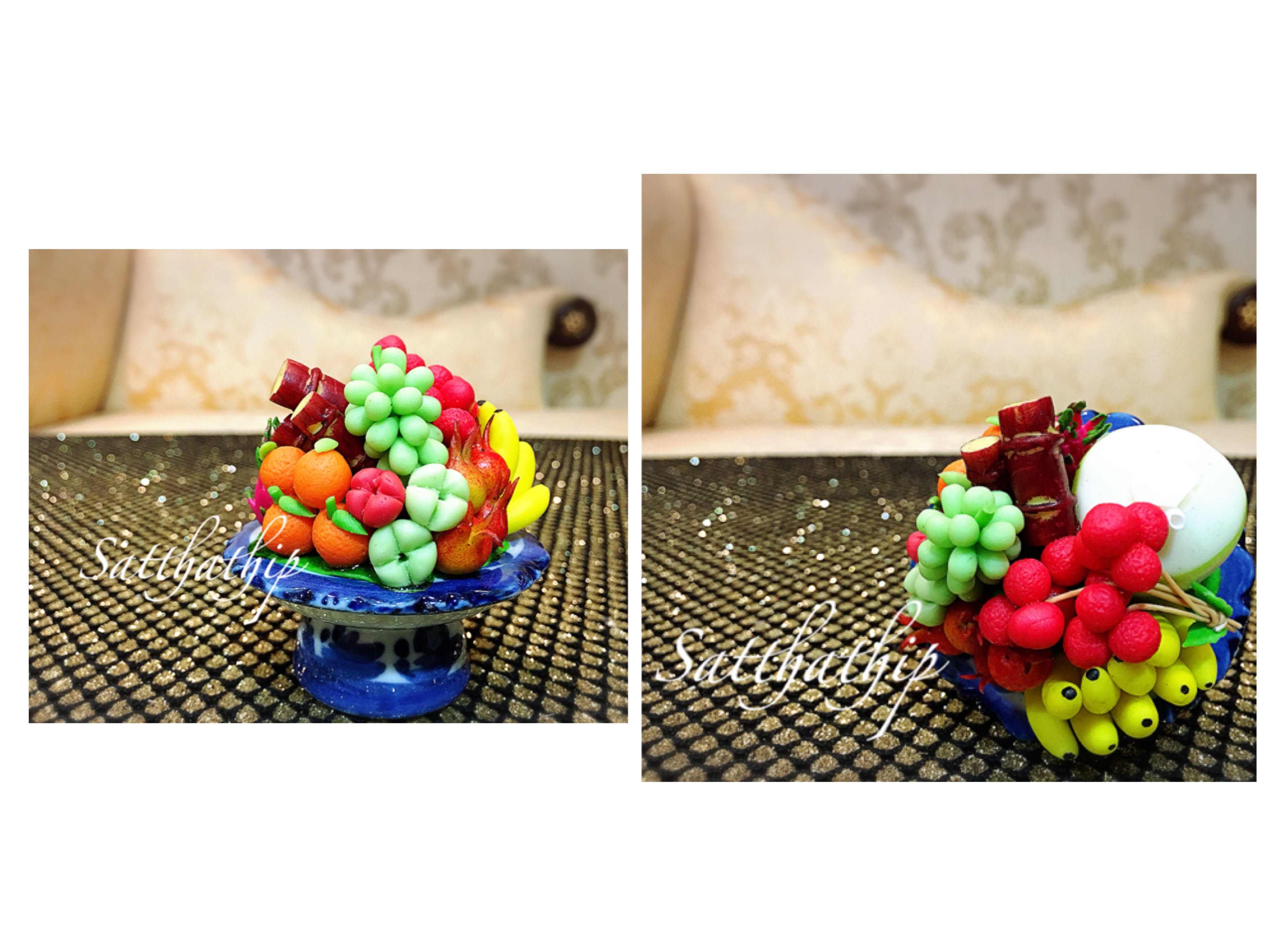 พานผลไม้ (9 อย่าง) ประดิษฐ์จากดิน - ผลไม้จิ๋ว - ผลไม้มงคล