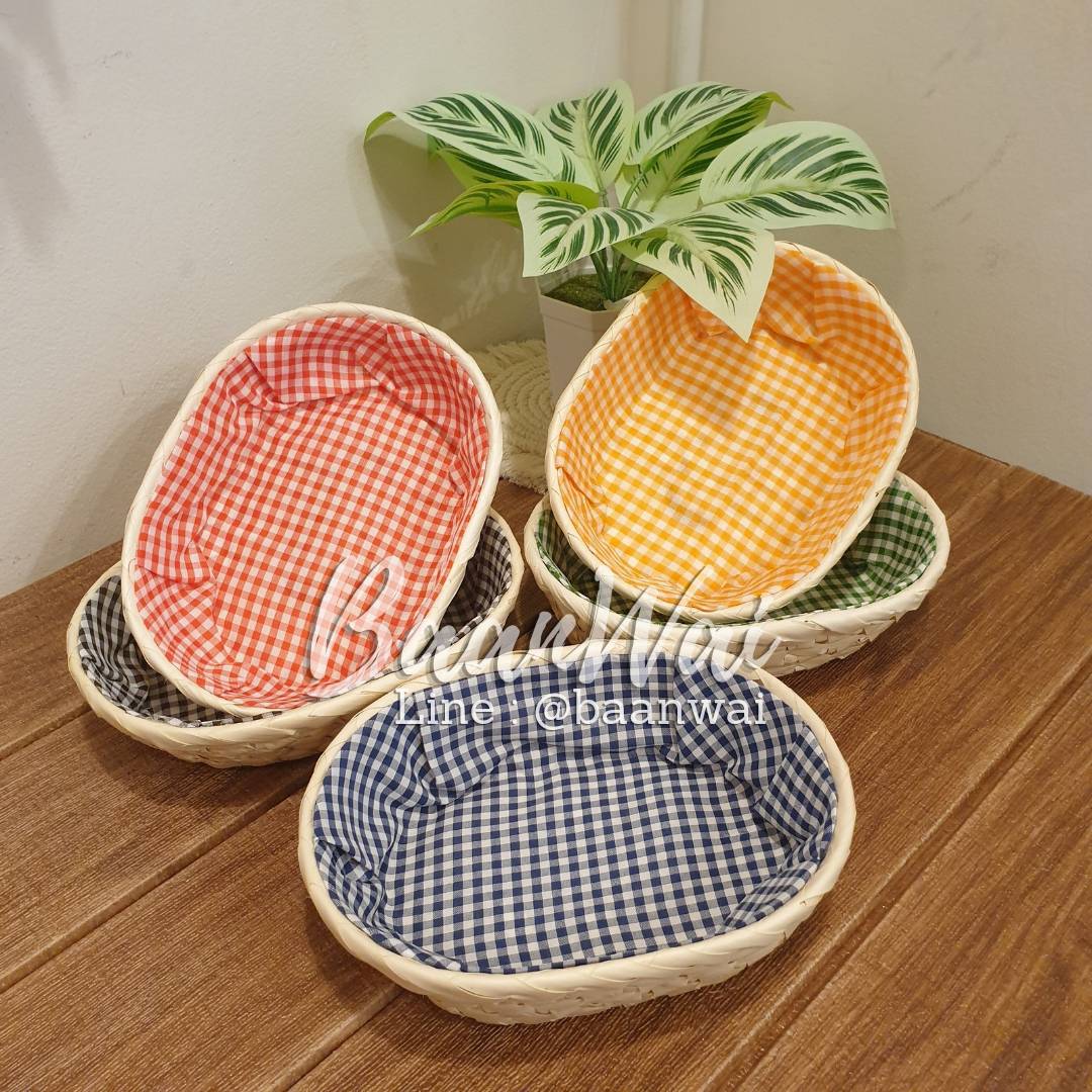 ตะกร้าใบลาน บุผ้า ทรงรี