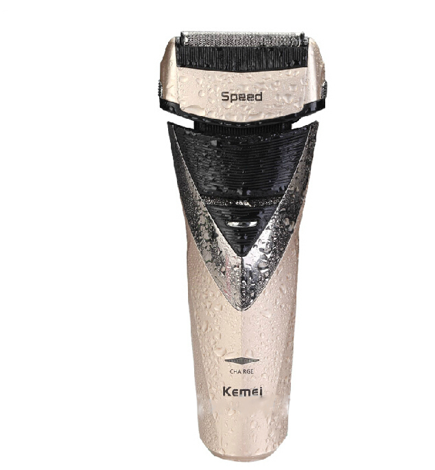 Kemei เครื่องโกนหนวดกันน้ำได้ แบบชาร์จ 3 ใบมีด 3D ลูกลอยยืดหยุ่น KM-8102 มีฟอยด์แผงตัด ลำตัวเครื่อง IPX7 กันน้ำได้ 100% โกนได้เรียบเนียน เหมาะสำหรับกกีฬาชาย - สีทอง