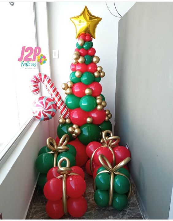 ลูกโป่งวันคริสต์มาส Merry Xmas Tree Red & Green and Preset Balloon Set (with AIR)