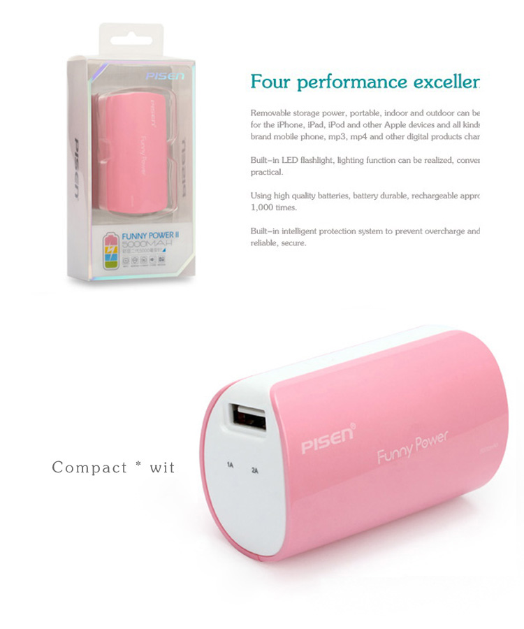 PISEN แบตสำรองแท้ 5,000 mAh พาวเวอร์แบงค์ USB 5V-2A Funny Power Ⅱ รุ่น TS-D127 ไฟฉาย LED ส่องสว่างยามค่ำคืนในตัว เก็บประจุเต็มที่ได้ยาวนาน รูปทรงกระบอก ขนาดกระทัดรัดจับถนัดกระชับมือ – สีชมพู