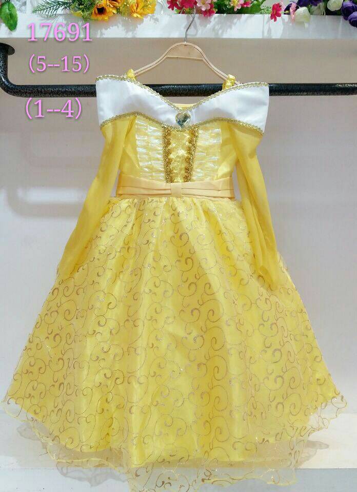 ชุดกระโปรงเจ้าหญิงเบลแขนยาว สีเหลือง สวยมากๆค่ะ ไซส์ 5 7 9 11 13 15