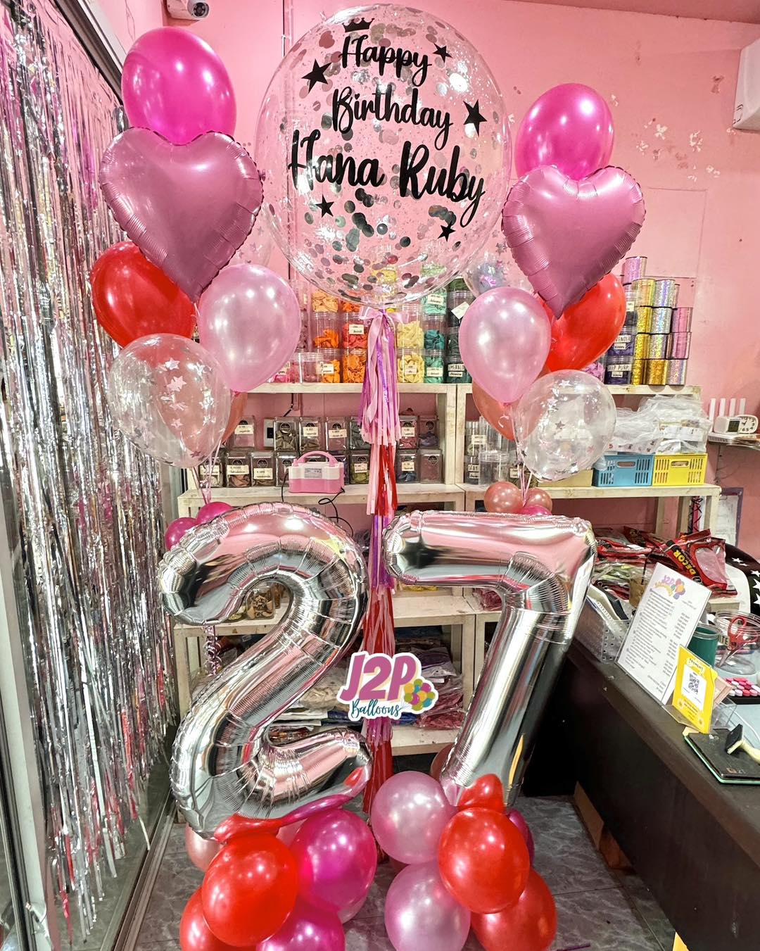 ลูกโป่งวันเกิดHappy birthday in pink red & jumbo glitter Balloons set (19pcs.)
