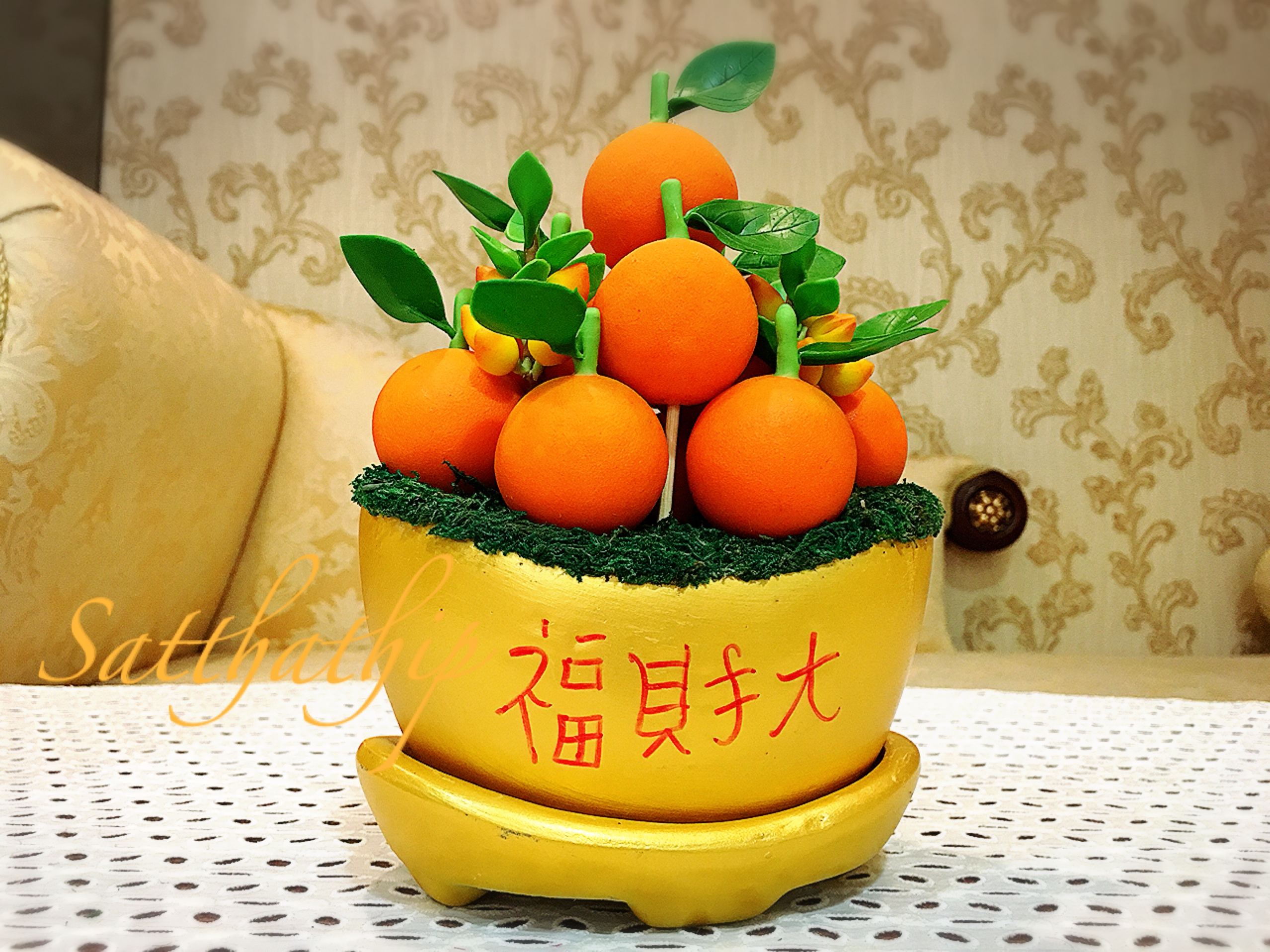 ส้ม ประดิษฐ์จากดิน กระถางก้อนทอง - ผลไม้มงคล ประดิษฐ์จากดิน กระถางก้อนทอง