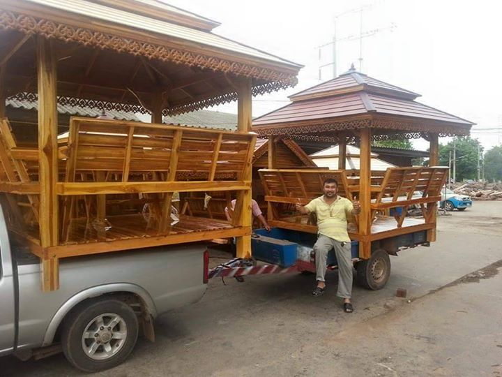 ( รหัส B5-โต๊ะ ) ศาลา ไม้สัก สีขาว คาน้ำเงินชั้นเดียว หลังนิว ขาโต๊ะตาราง / ขนาด 2.00x2.00x3.00 เมตร