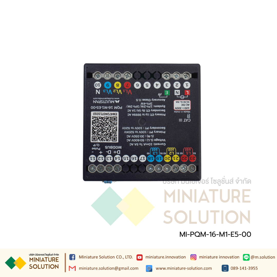PQM-16-M1 Multifunction Meter with LCD display & RS-485 MODBUS CT input : 3Ø Voltage Input : 3Ø3W/4W ,1Ø2W Pulse Output RS-485 MODBUS LCD 8+4+4+4 Digit With Import -Export KWh , KVArh & Individual THD Multispan
