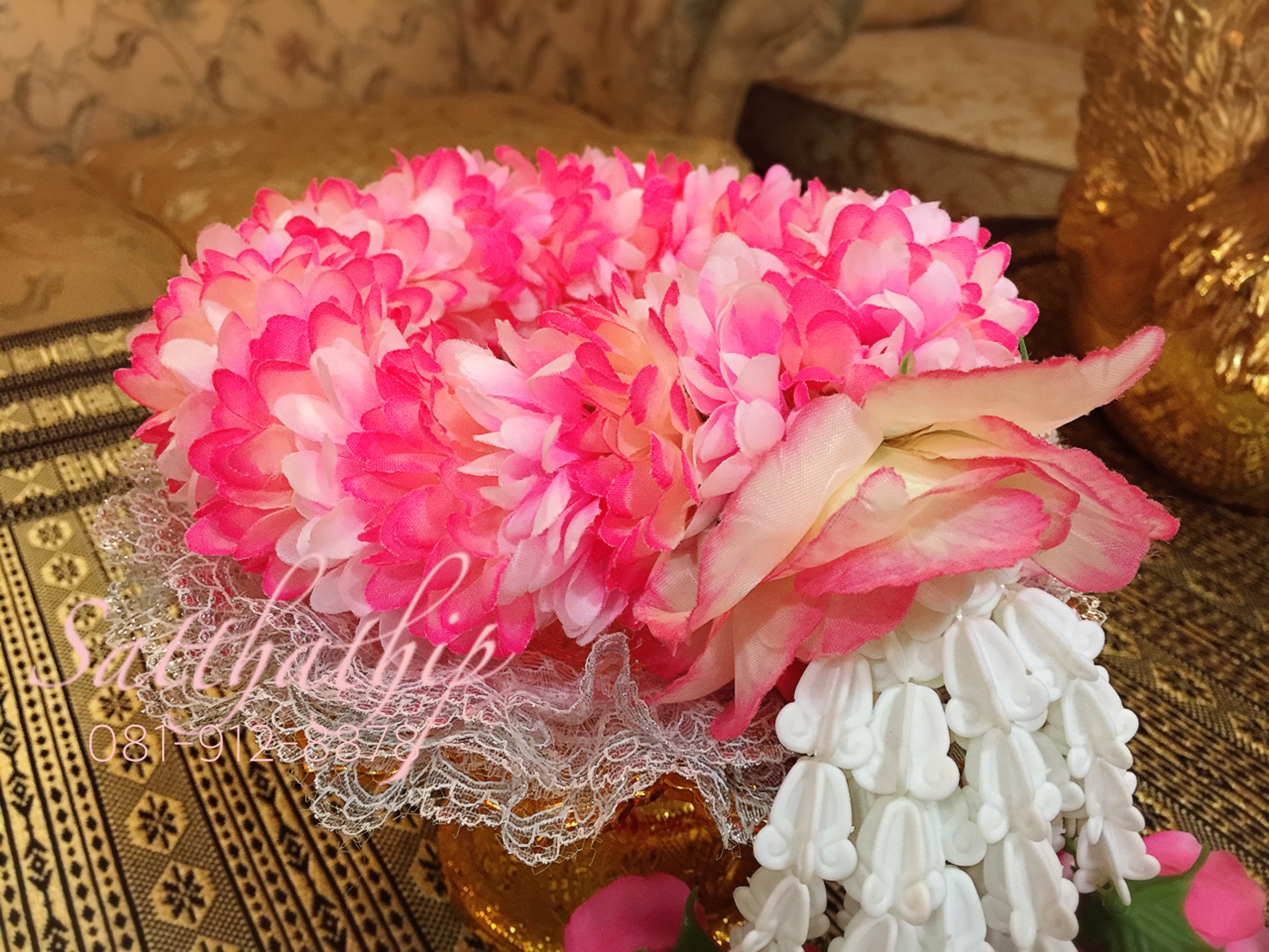 พวงมาลัยผ้า ดอกมัม สีชมพูผสม - พวงมาลัยผ้า - Fabric garland