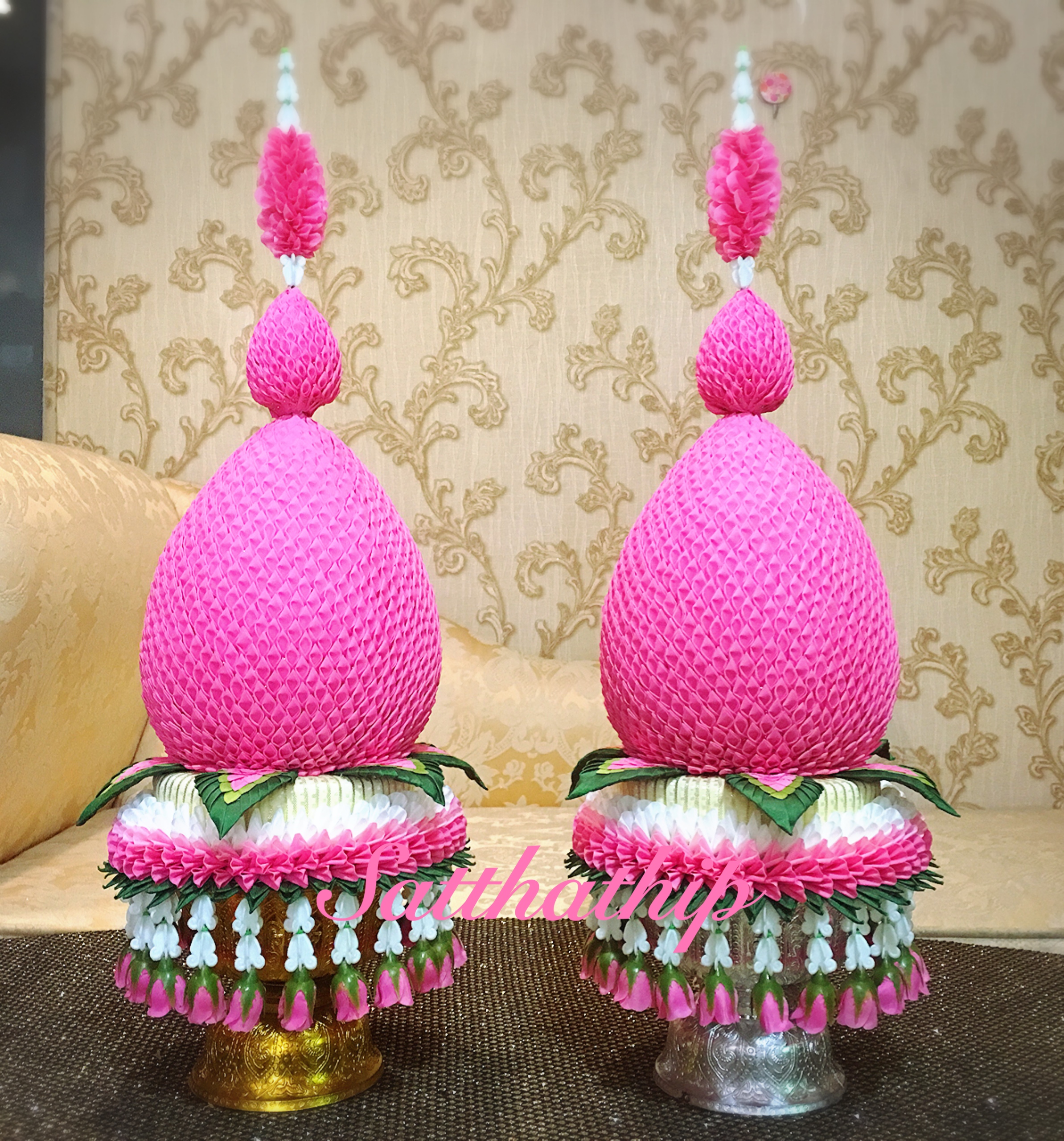 พานพุ่มผ้า สีชมพู - พานพุ่ม สีชมพู - พานพุ่มสักการะ สีชมพู - Phan bush