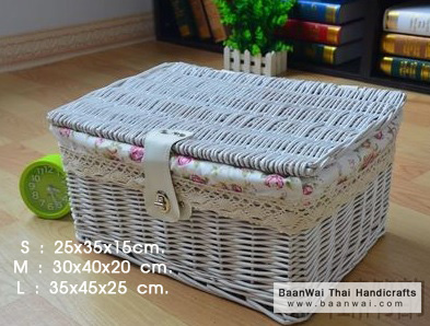 กล่องหวาย กล่องปิคนิค หีบหวาย ตะกร้าหวายบุผ้า ขนาด S : 25x35x15 cm