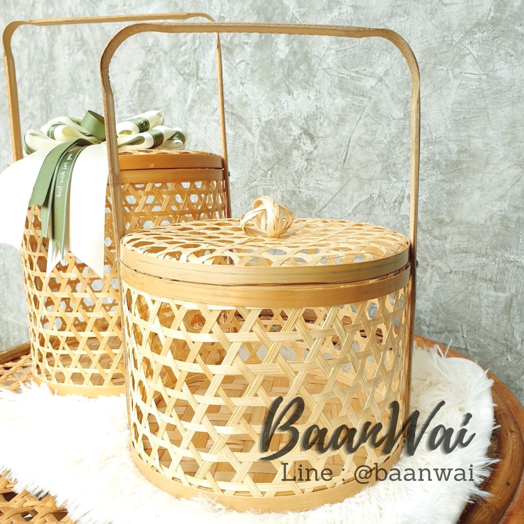 ปิ่นโตไม้ไผ่ ปิ่นโตชะลอม ทรงกลม 8x6 นิ้ว (่สีธรรมชาติ)