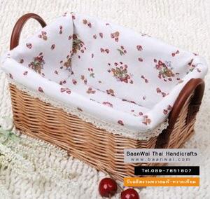 ตะกร้าหวายบุผ้า หูหนัง ตะกร้าเอนกประสงค์