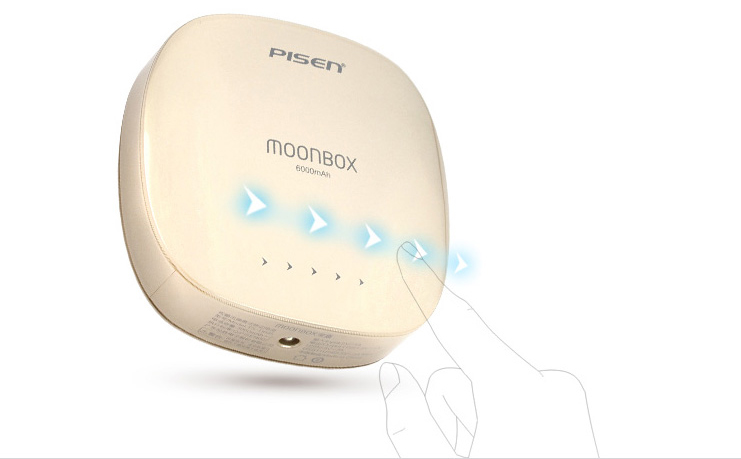 PISEN แบตสำรองแท้ 6,000 mAh พาวเวอร์แบงค์ 2 USB 5V-2A Moon Box Power รุ่น TS-D095 ปุ่มสัมผัสแบบสไลด์ ไฟฉาย LED ส่องสว่างยามค่ำคืนในตัว เก็บประจุเต็มที่ได้ยาวนาน รูปทรงโค้งมน ขนาดกระทัดรัดจับถนัดกระชับมือ - สีทองคำ
