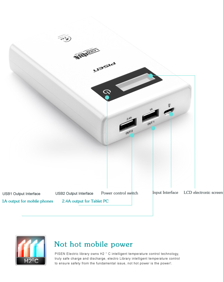 PISEN แบตสำรองแท้ 7,500 mAh พาวเวอร์แบงค์ LCD Power Station รุ่น TS-D110 จอ LCD แสดงผล ชาร์จเร็ว 2.4A สวิตซ์ทัชกรีน Dual USB คู่ 5V-2A เก็บประจุเต็มที่ได้ยาวนาน พกพาสะดวก ฟรี!! สาย Micro USB - สีขาว