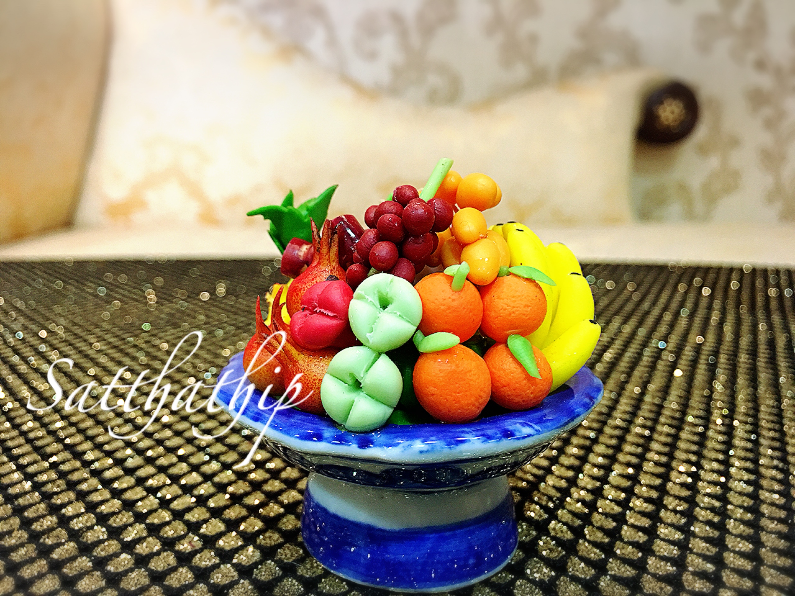 พานผลไม้ (9 อย่าง) ประดิษฐ์จากดิน - ผลไม้จิ๋ว - ผลไม้มงคล