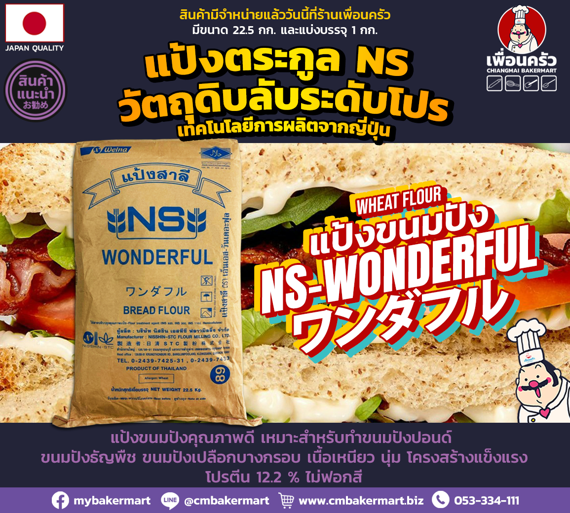 Nisshin NS-Wonderful Unbleached Bread Flour แป้งขนมปังไม่ขัดสี กระสอบ 22.5 kg. (01-7723)