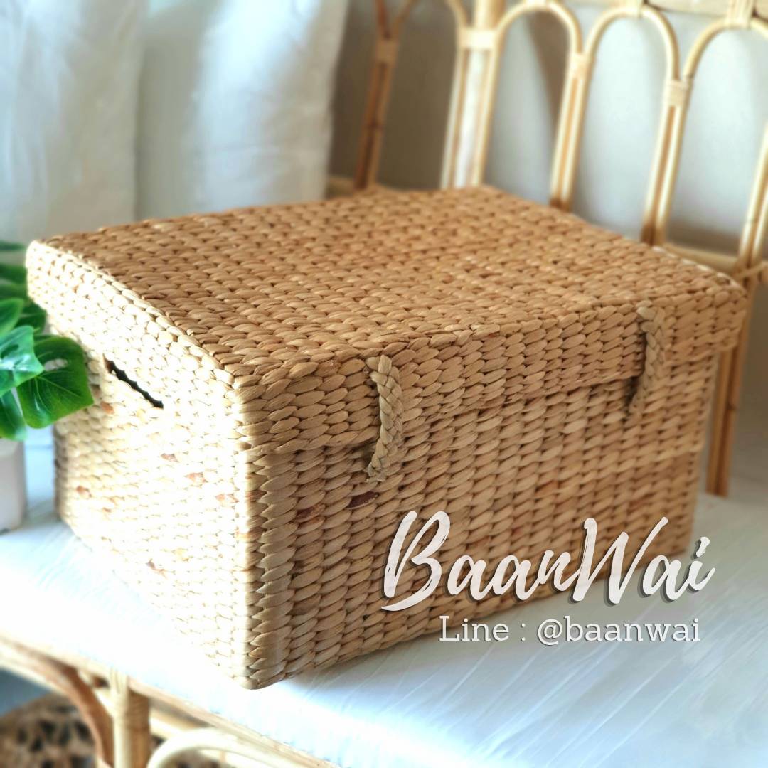 กล่องผักตบชวา กล่องเก็บของ ฝาปิดกระดุมหน้า