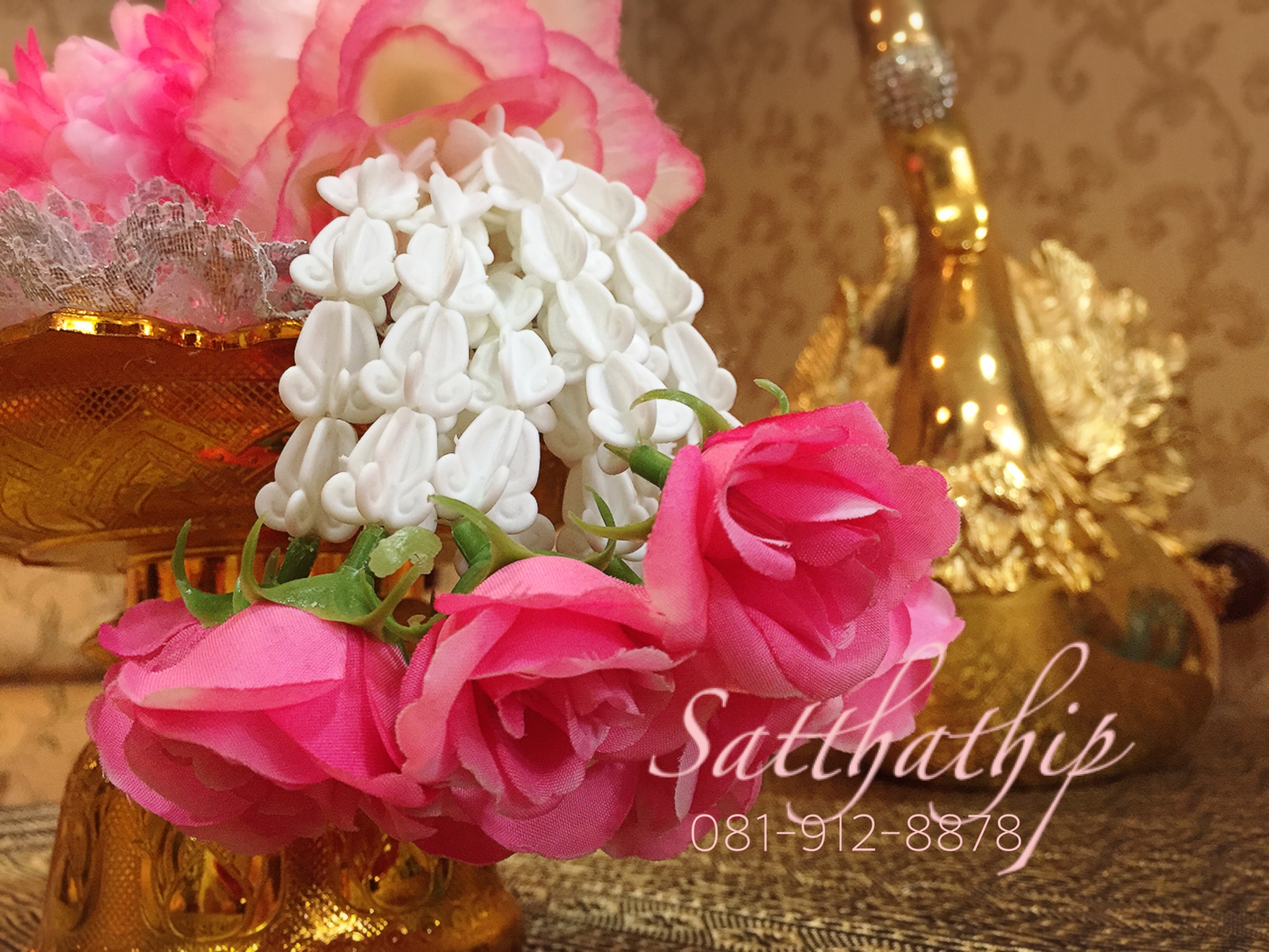 พวงมาลัยผ้า ดอกมัม สีชมพูผสม - พวงมาลัยผ้า - Fabric garland