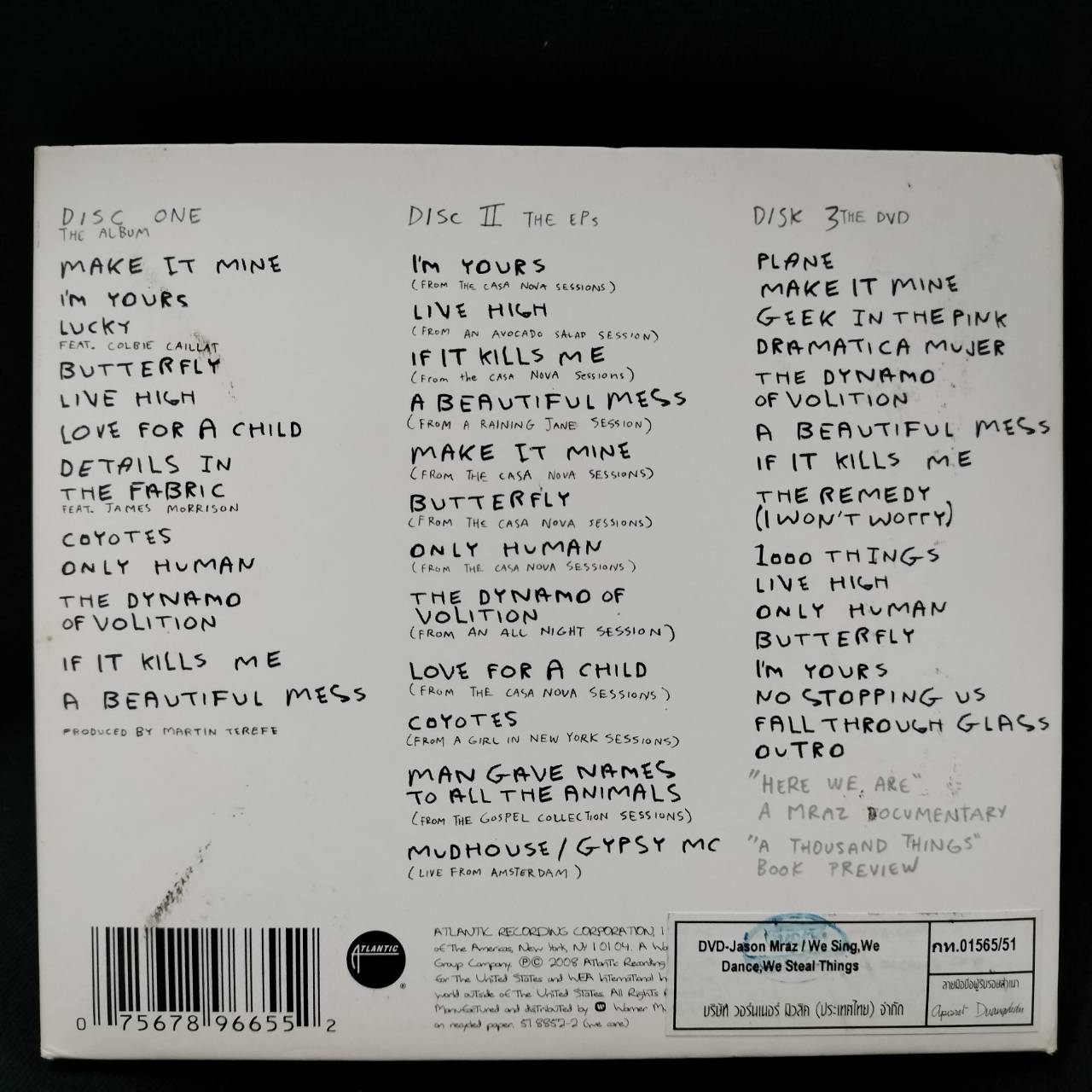 Jason Mraz – We Sing, We Dance, We Steal Things / THAILAND / กล่องกระดาษเก่าเก็บบ้าง / 2CD+1DVD / แผ่นดี