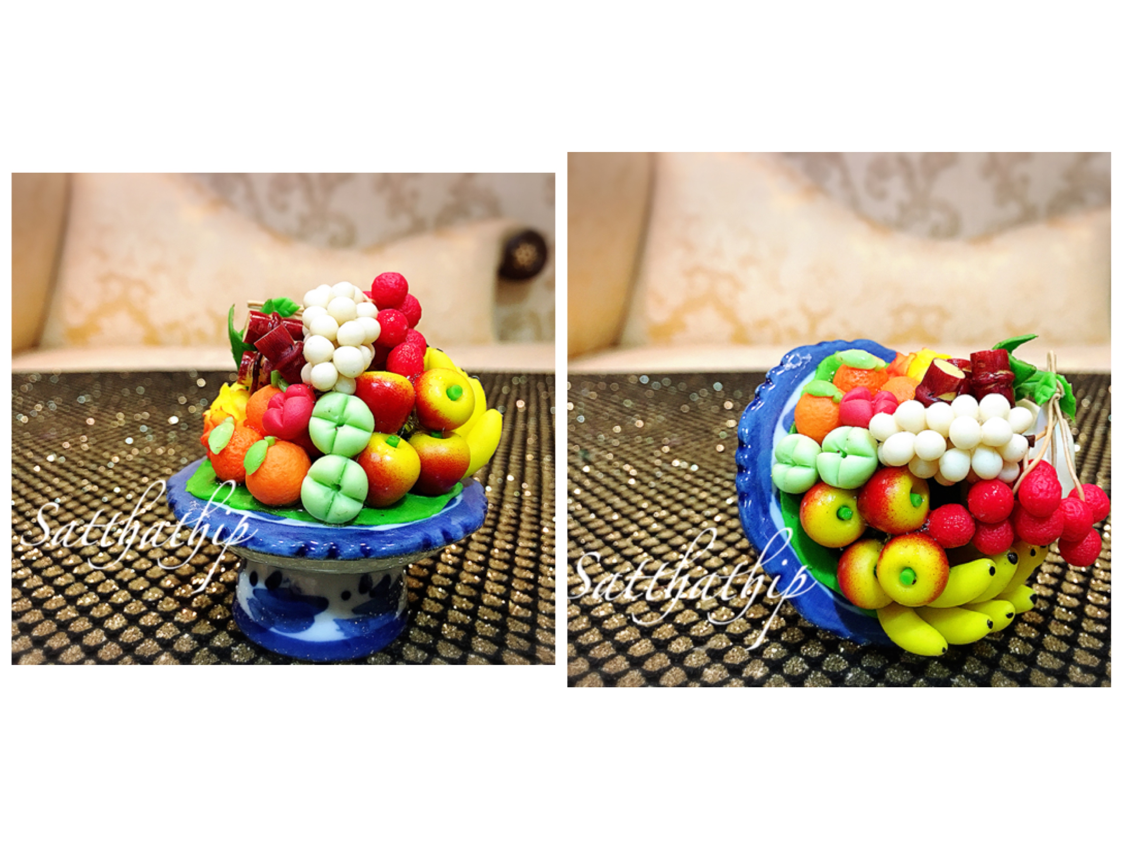 พานผลไม้ (9 อย่าง) ประดิษฐ์จากดิน - ผลไม้จิ๋ว - ผลไม้มงคล