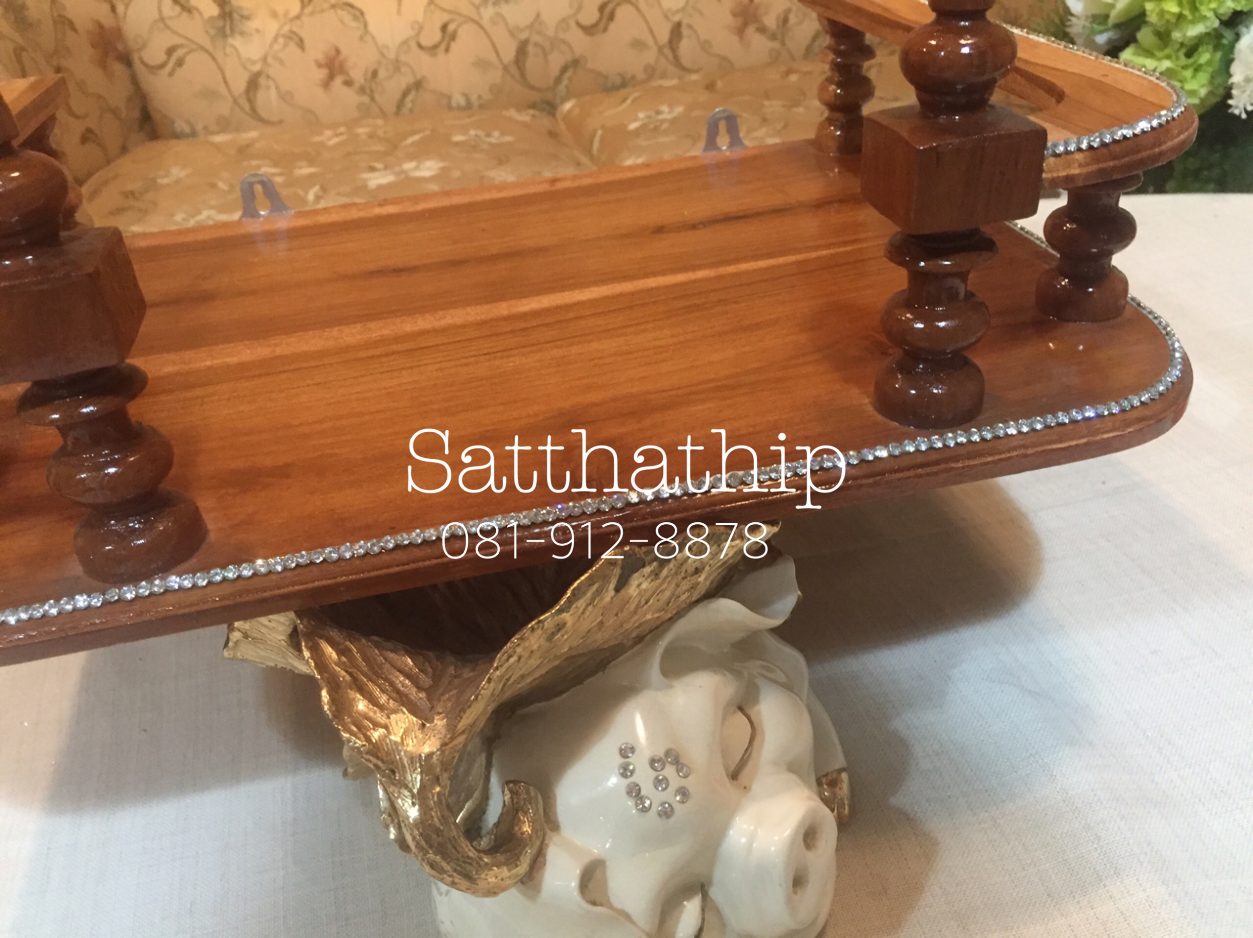 หิ้งพระ (ลายลูกกลึง) ไม้สัก ประดับคริสตัล - Buddha shelf