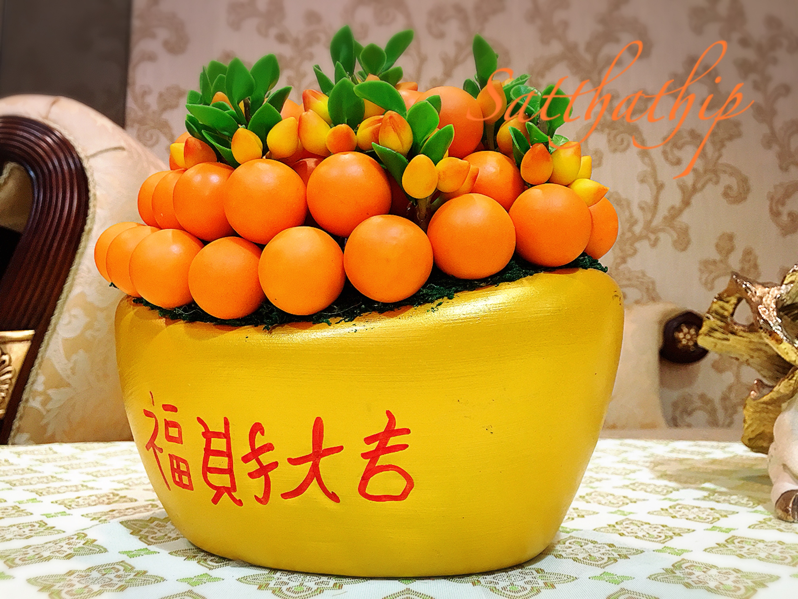 ส้ม ประดิษฐ์จากดิน กระถางก้อนทอง - ผลไม้มงคล ประดิษฐ์จากดิน กระถางก้อนทอง