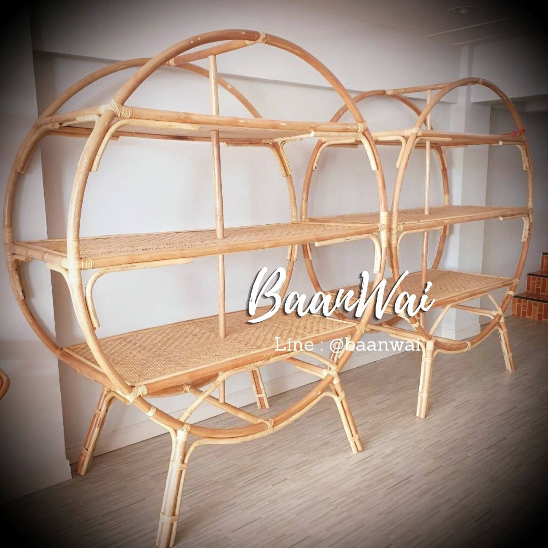 ชั้นวางของหวาย ชั้นหวายทรงกลม ชั้นวางหนังสือหวาย Rattan Circular Bookcase