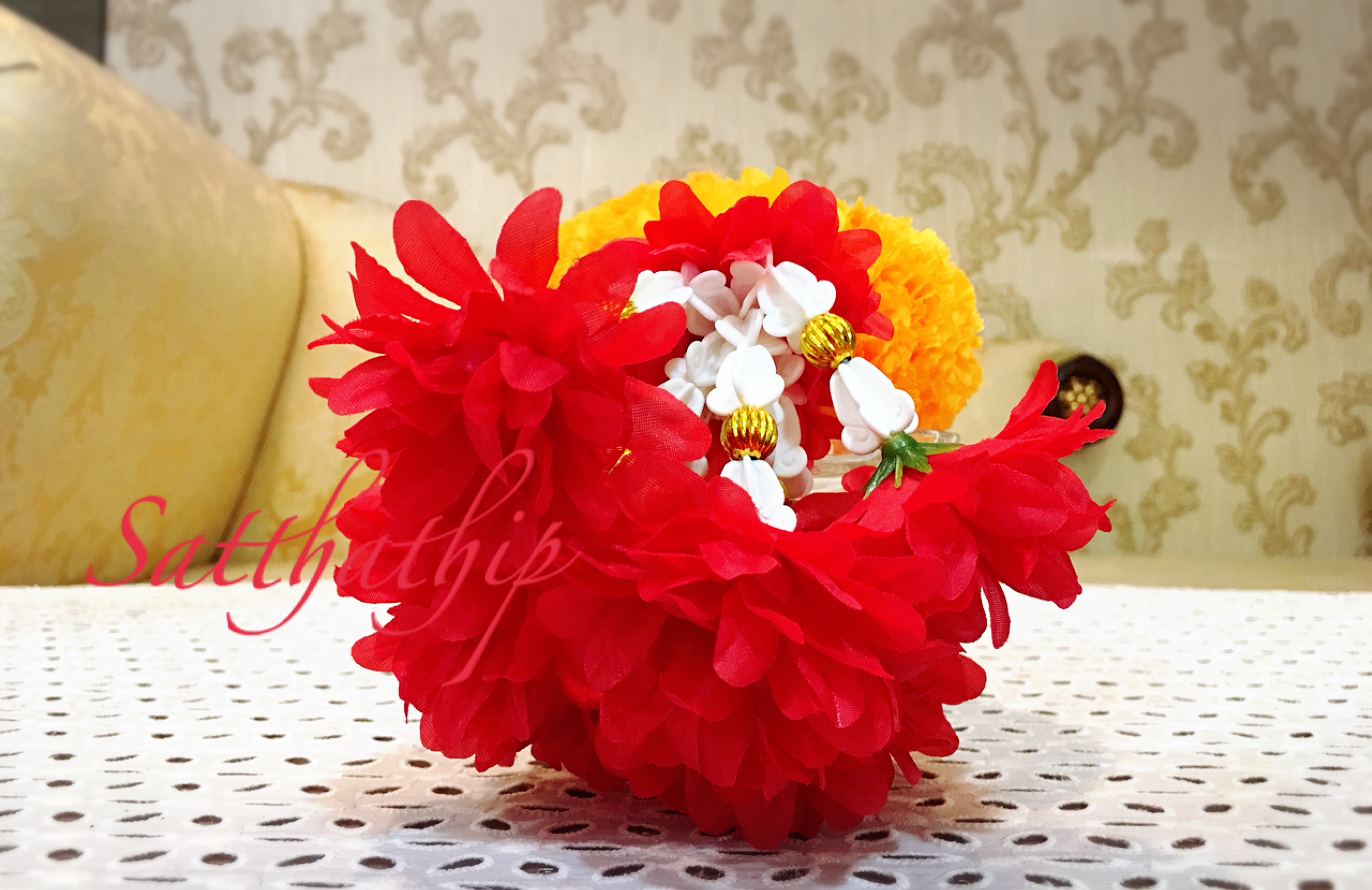 พวงมาลัยผ้า - พวงมาลัยดอกดาวเรือง ประดิษฐ์ - พวงมาลัยถวายศาลพระภูมิ - Fabric Garland