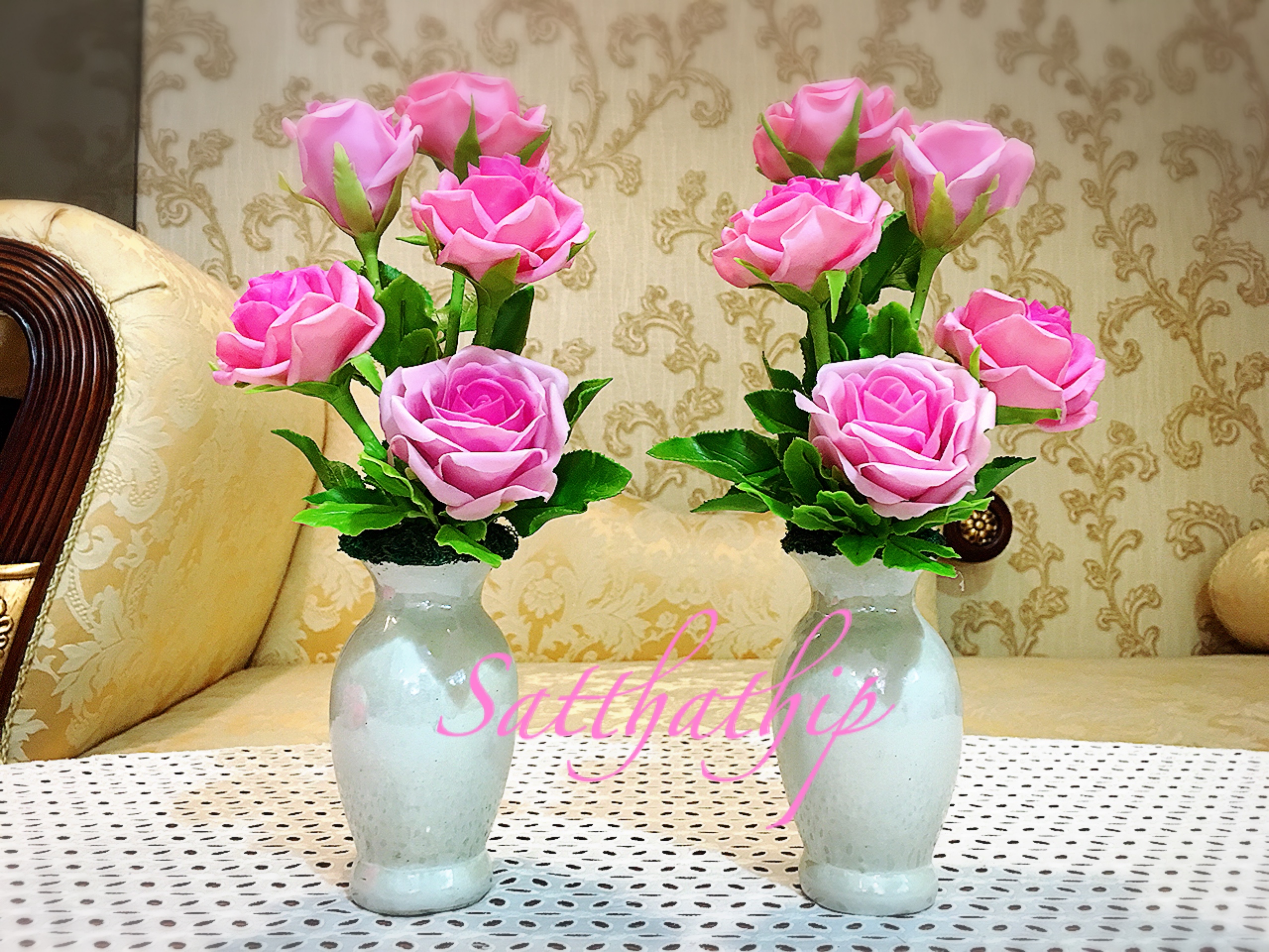 แจกันดอกกุหลาบ สีชมพู ประดิษฐ์จากดิน - ดอกกุหลาบ - Rose Flower