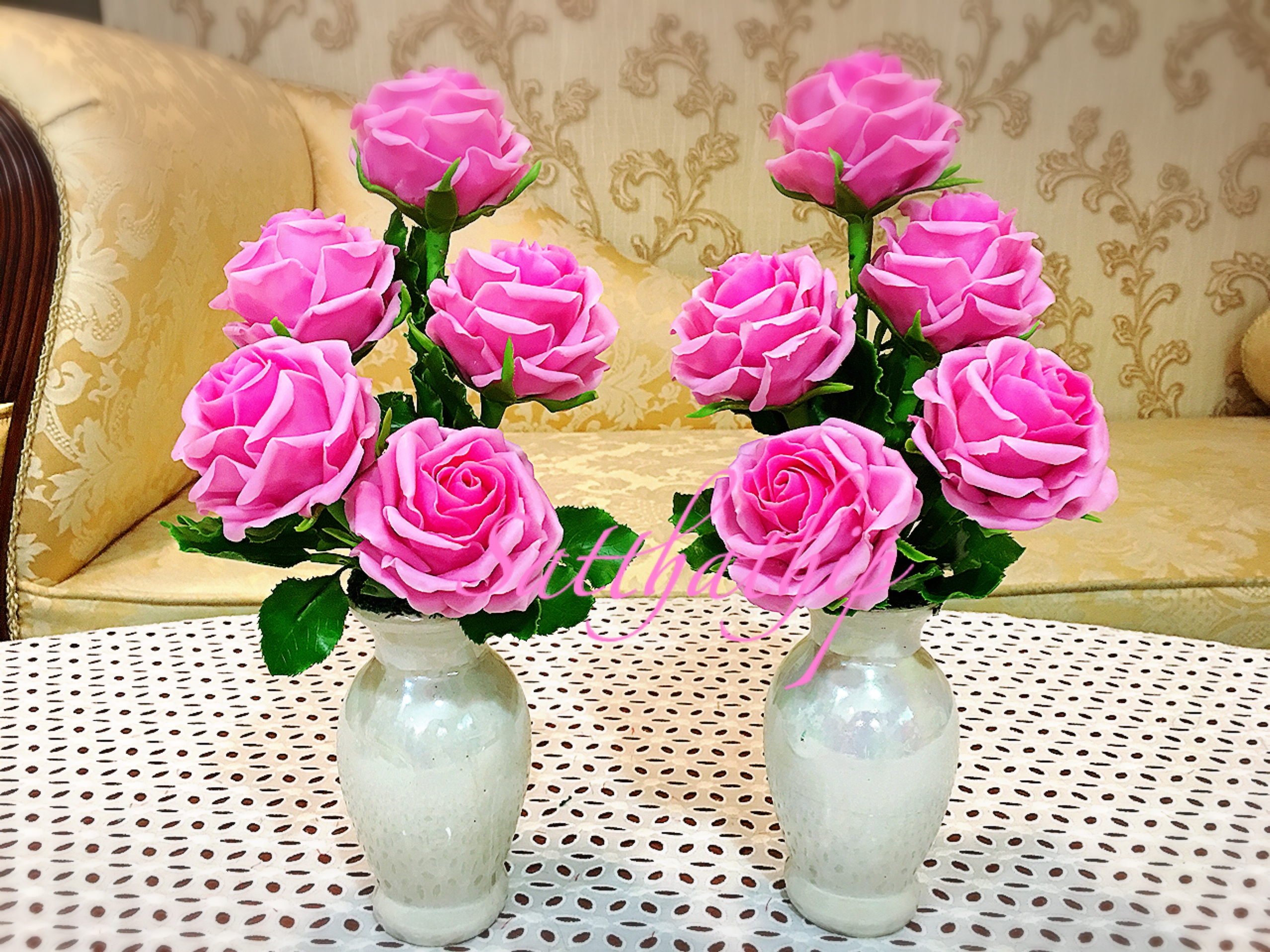 แจกันดอกกุหลาบ สีชมพู ประดิษฐ์จากดิน - ดอกกุหลาบ - Rose Flower