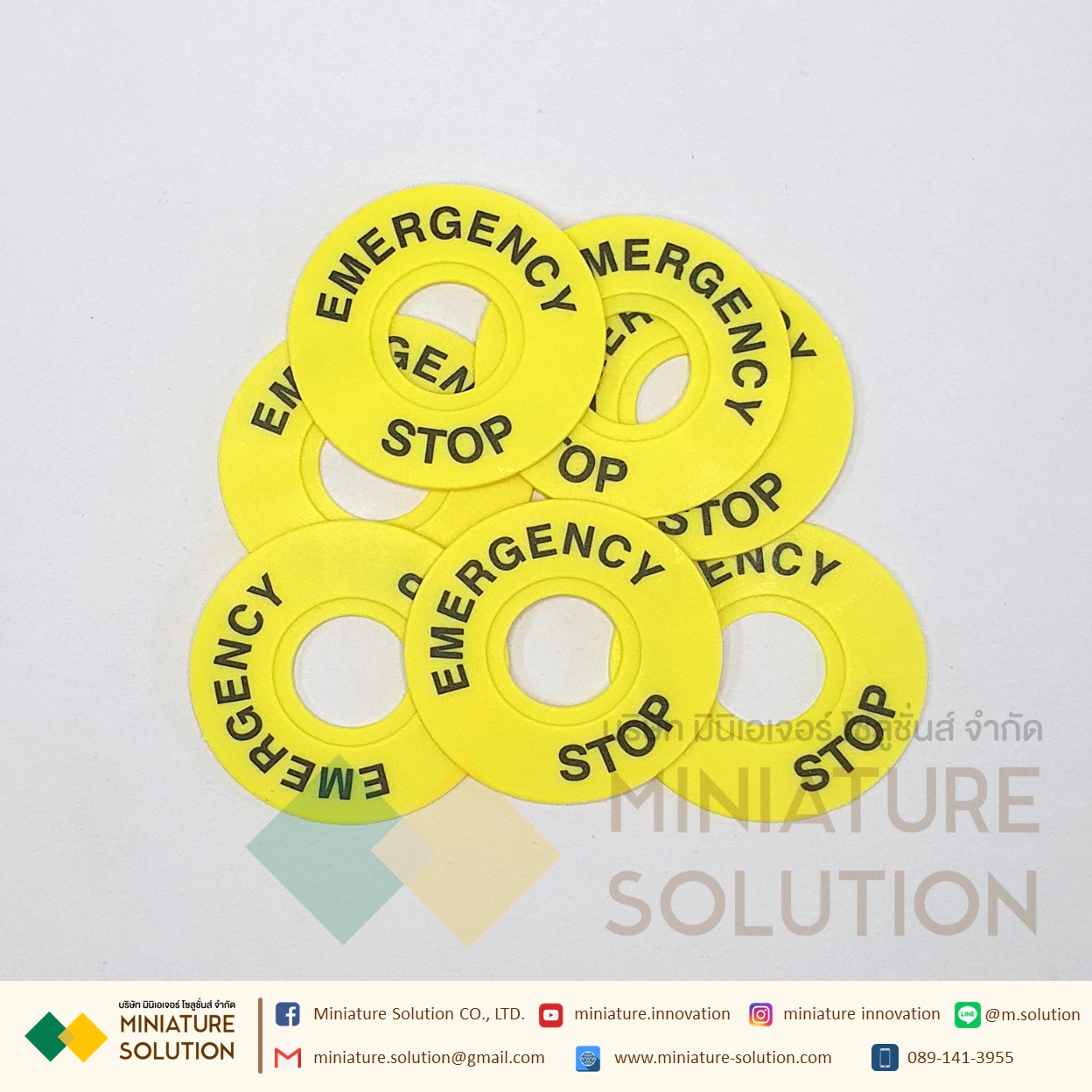 name plate ป้ายชื่อ สวิทช์ฉุกเฉิน Emergency Stop ขนาด 22มิล แผ่นเนมแพลท วงกลม Ø60mm รูปุ่มขนาด Ø22mm