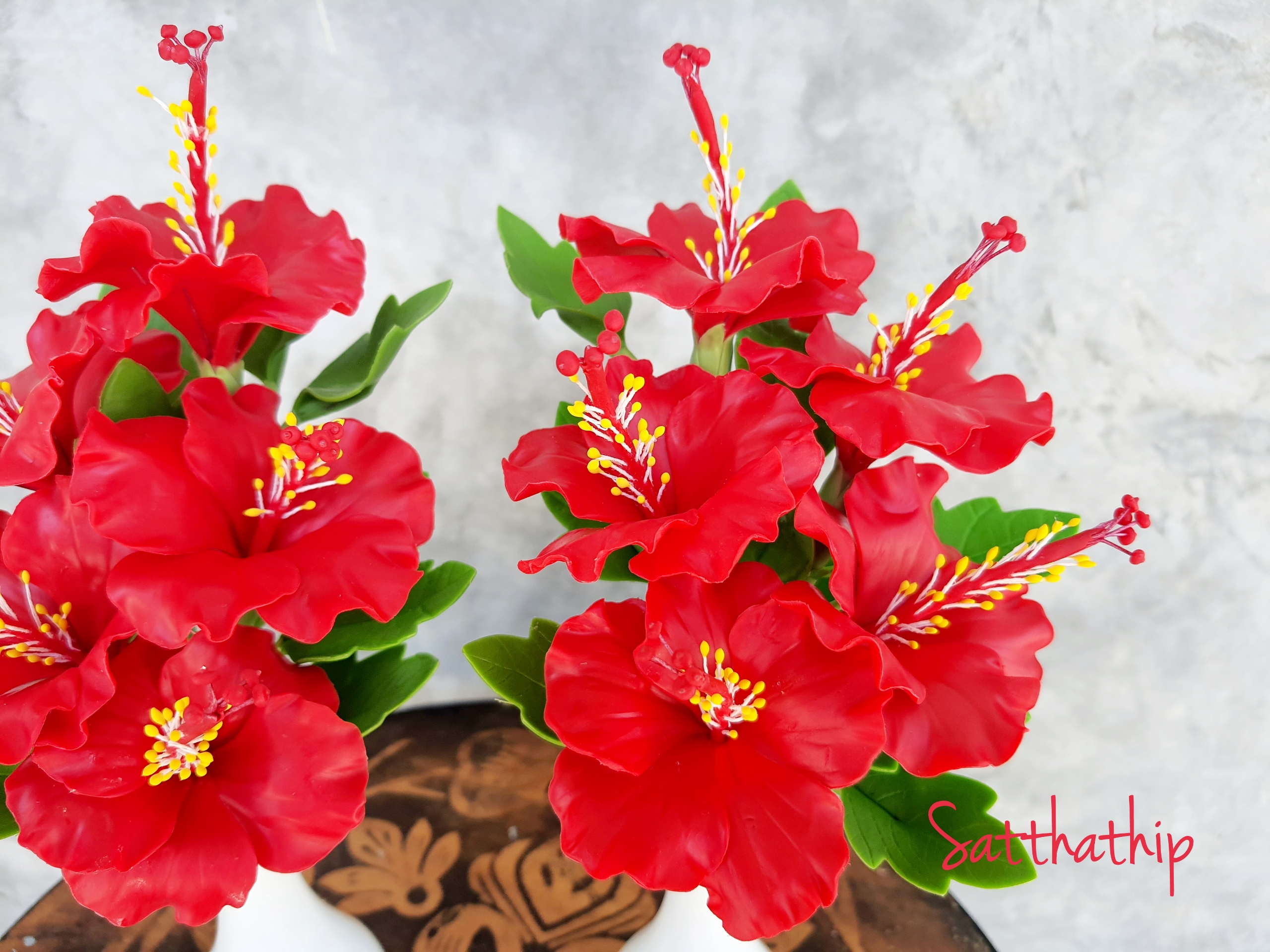 แจกันดอกชบา - ดอกชบาประดิษฐ์ - แจกันดอกชบา ประดิษฐ์จากดิน - แจกันดอกชบาประดิษฐ์