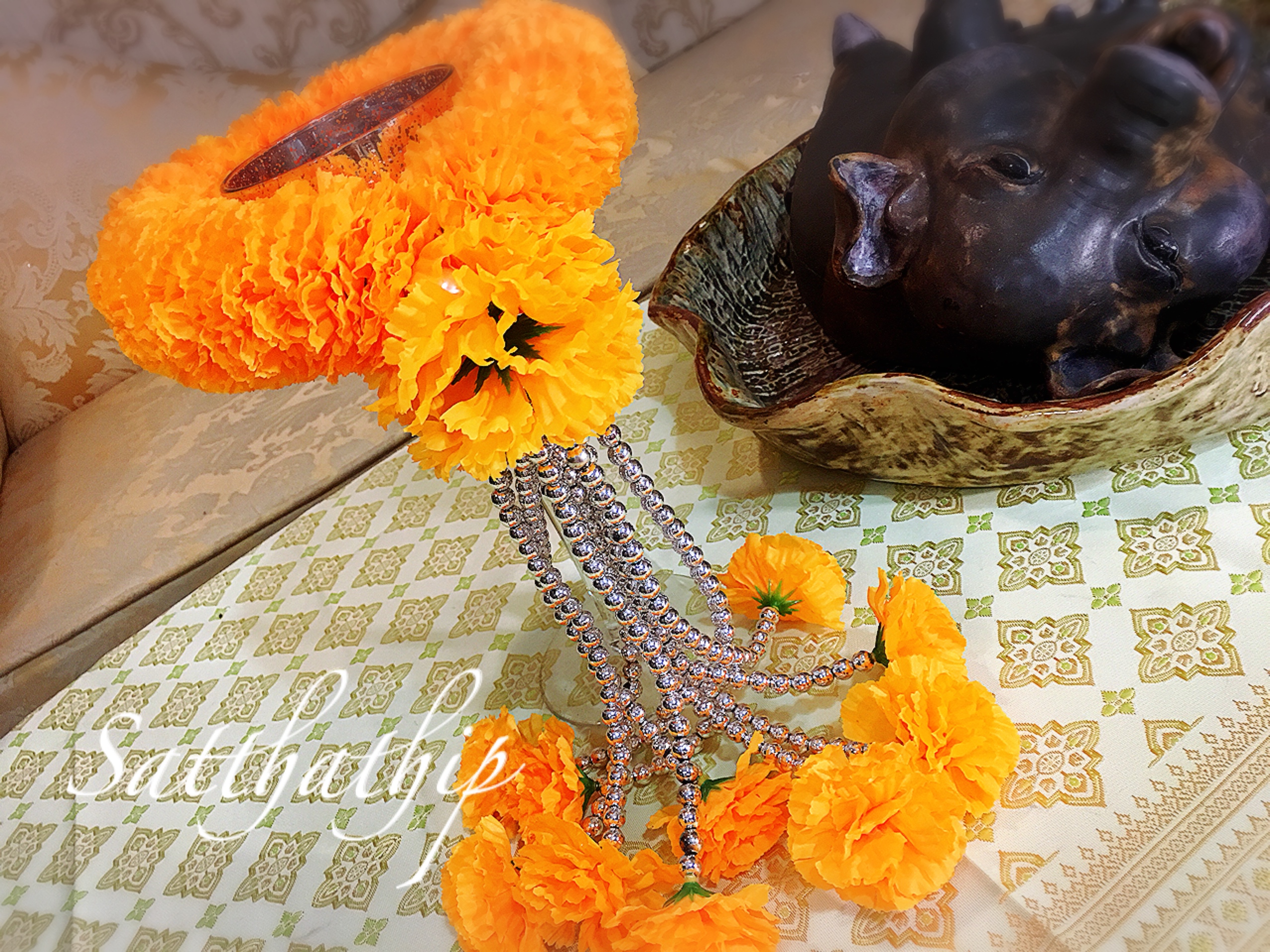 พวงมาลัยผ้า - พวงมาลัยดอกดาวเรือง ประดิษฐ์ - พวงมาลัยถวายศาลพระภูมิ - Fabric garland