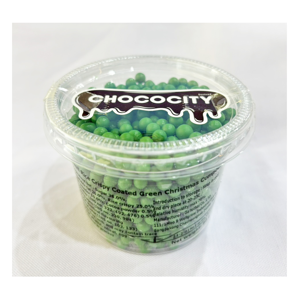 Small Rice Crispy Coated Green Christmas Compound Chocolate 80 g. ช็อคโกแลตข้าวพองสำหรับตกแต่งขนม (05-7702)