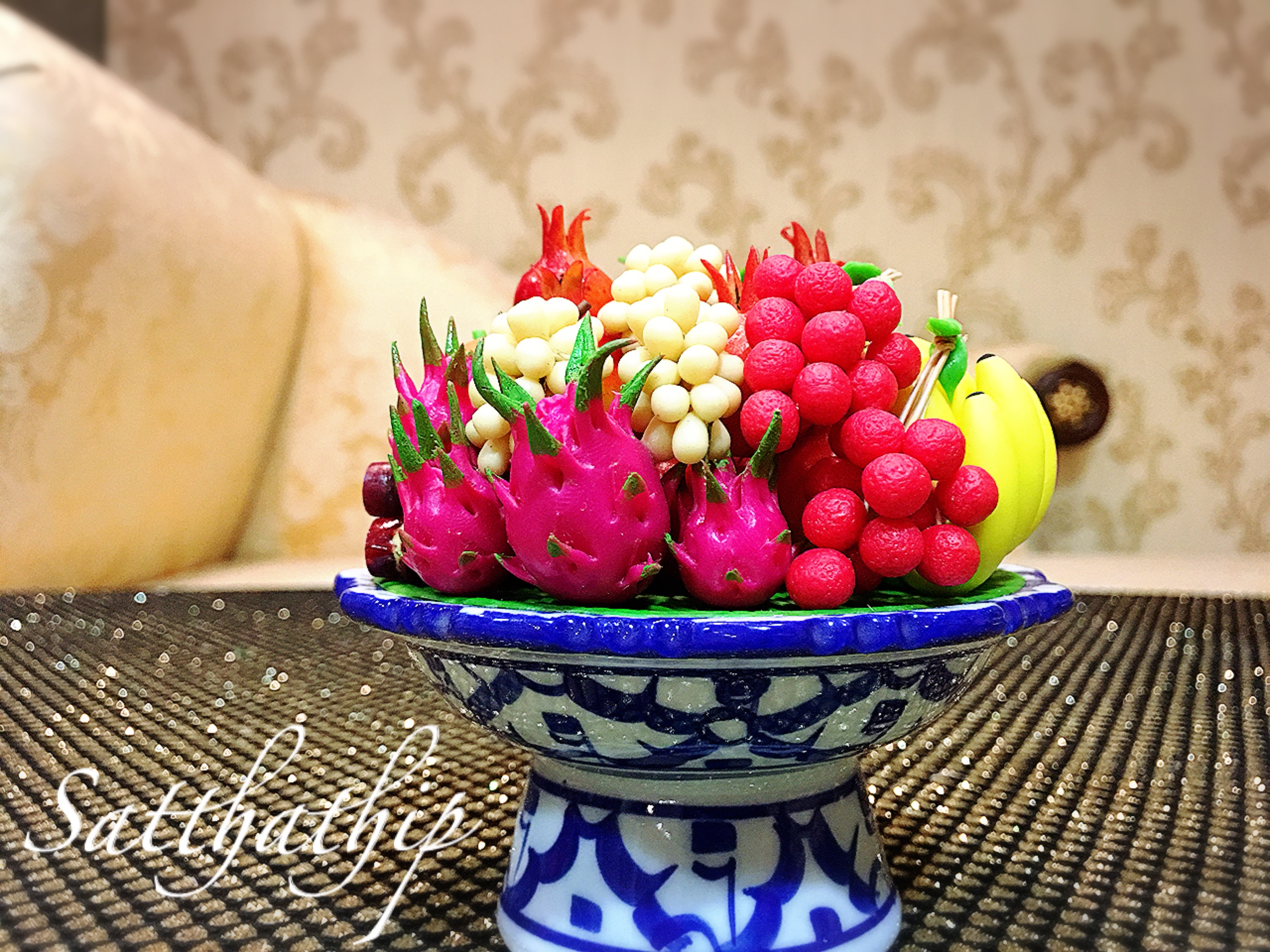 พานผลไม้ (9 อย่าง) ประดิษฐ์จากดิน - ผลไม้จิ๋ว - ผลไม้มงคล