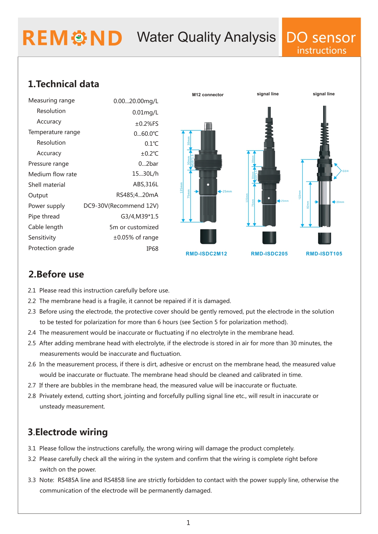 DO sensor RS485 output portable online industrial dissolved oxygen sensor 4-20mA dissolved oxygen probe electrode meter เซ็นเซอร์วัดค่าออกซิเจนในของเหลว RS485 DO Modbus RS485 0.00...20.00mg/L (Dissolved Oxygen Sensor) (REMOND)(RMD-ISDT10-G)