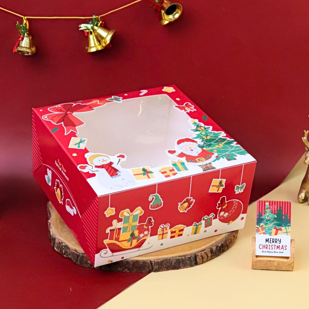 กล่องเค้ก 1 ปอนด์ ลาย Merry Red 20.3 x 20.3 x 10 cm. 10 ใบ (09-9107)