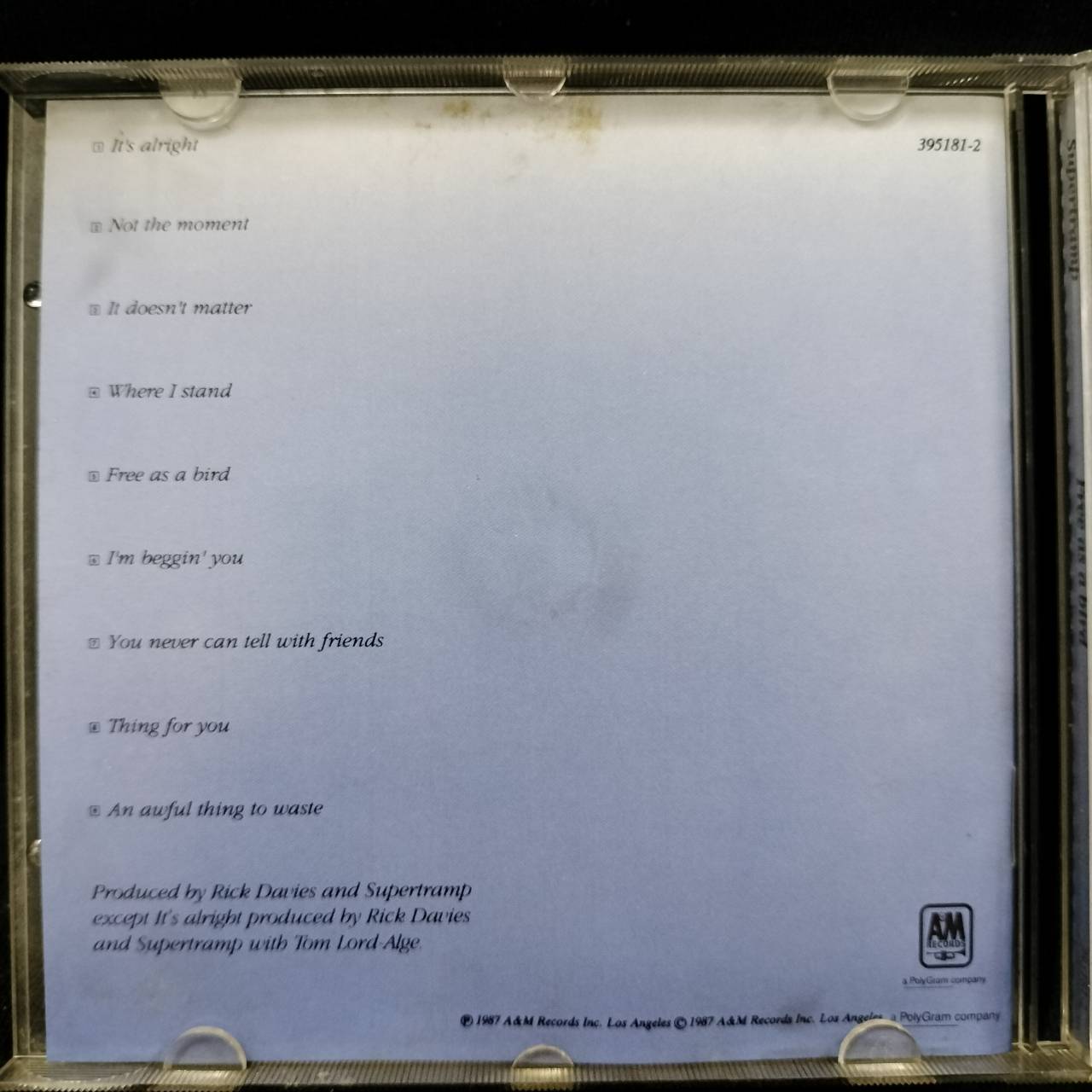 Supertramp – Free As A Bird / USA / ปกในมีจุดเหลือง / แผ่นสวย