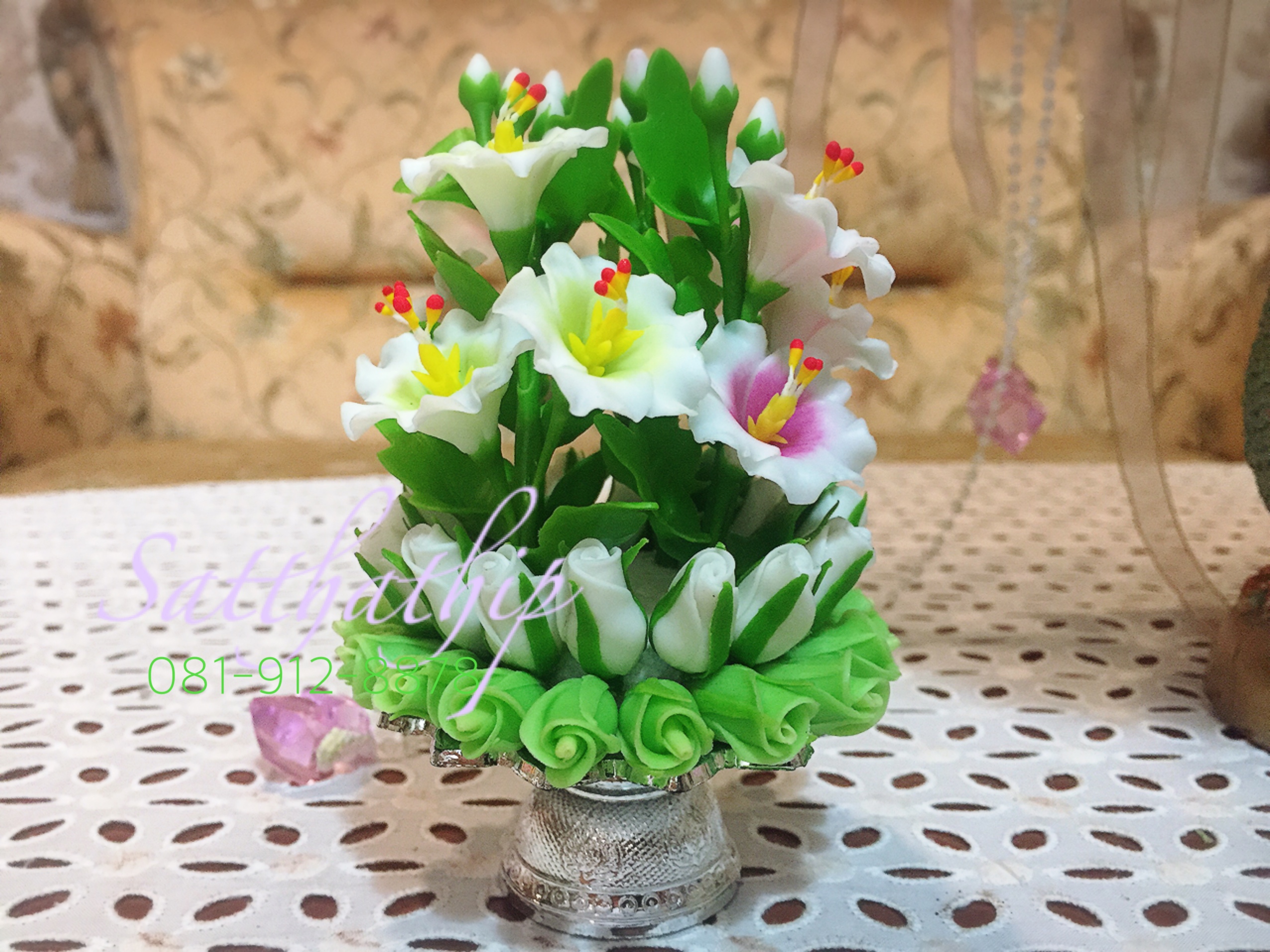 ดอกชบา - พานพุ่มดอกชบาสีผสม ผสมดอกกุหลาบสีผสม ประดิษฐ์จากดิน - Phan bush