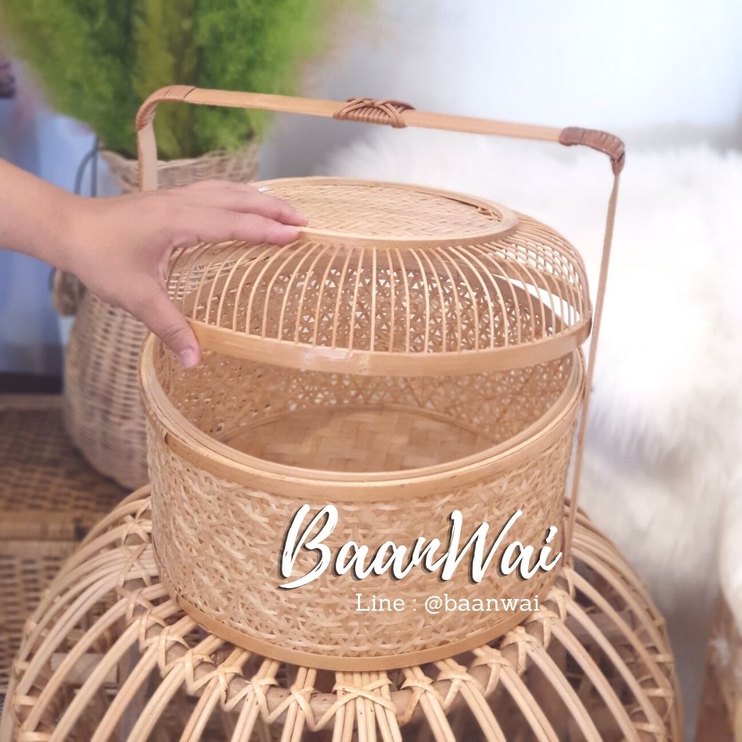 ปิ่นโตไม้ไผ่ ลายพิกุล ขนาด 12 นิ้ว รุ่นฝากรงนก