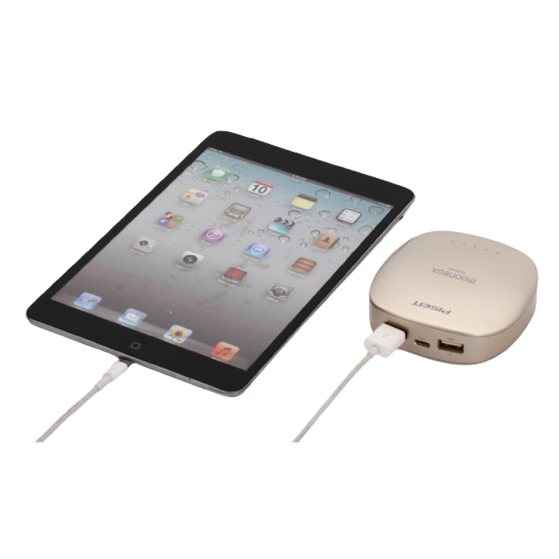 PISEN แบตสำรองแท้ 6,000 mAh พาวเวอร์แบงค์ 2 USB 5V-2A Moon Box Power รุ่น TS-D095 ปุ่มสัมผัสแบบสไลด์ ไฟฉาย LED ส่องสว่างยามค่ำคืนในตัว เก็บประจุเต็มที่ได้ยาวนาน รูปทรงโค้งมน ขนาดกระทัดรัดจับถนัดกระชับมือ - สีทองคำ