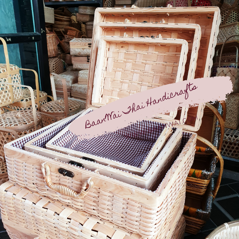 กระเป๋าไม้สาน บุผ้า 3 ใบชุด