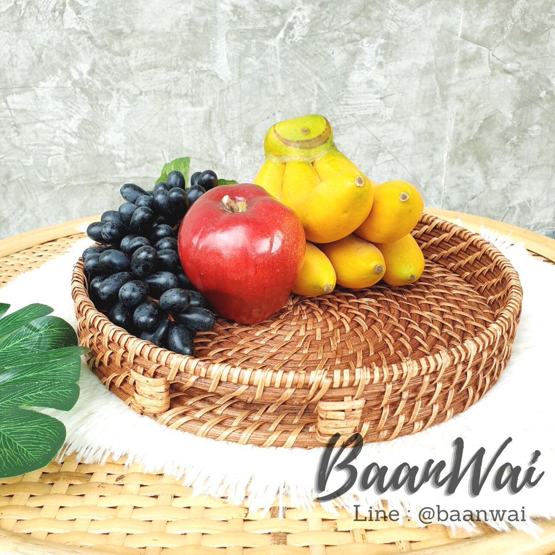 ถาดหวายเวียน ทรงกลม หูเจาะ