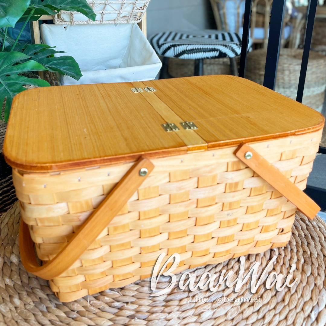 ตะกร้าปิคนิคไม้สาน ฝาเปิด 2 ด้าน