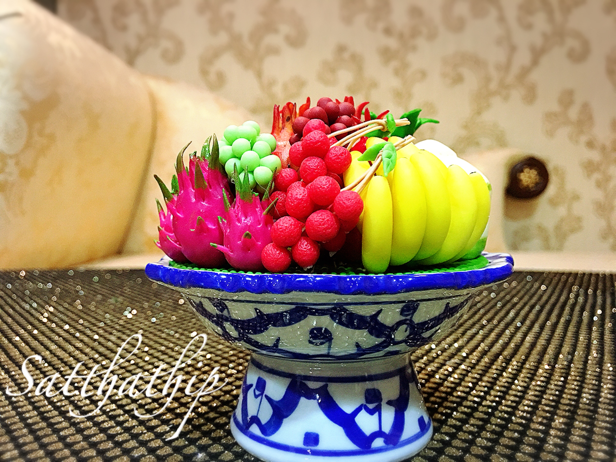 พานผลไม้ (9 อย่าง) ประดิษฐ์จากดิน - ผลไม้จิ๋ว - ผลไม้มงคล