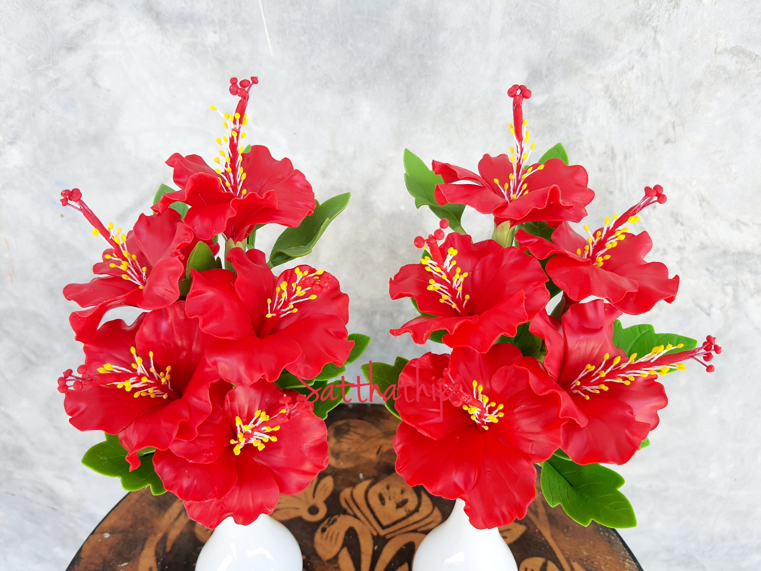 แจกันดอกชบา - ดอกชบาประดิษฐ์ - แจกันดอกชบา ประดิษฐ์จากดิน - แจกันดอกชบาประดิษฐ์