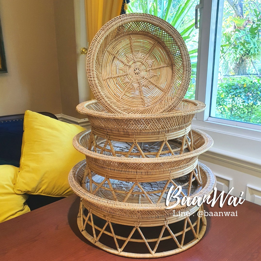 พานโตกหวาย ขันโตกหวายแท้ งานละเอียด ขนาด 12-22 นิ้ว