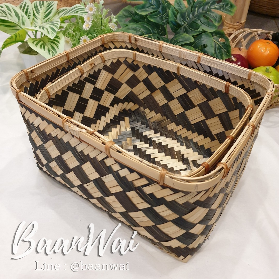 กล่องไม้ไผ่ ทรงเหลี่ยม ลายขาว-ดำ (ยกชุด 2 ขนาด)