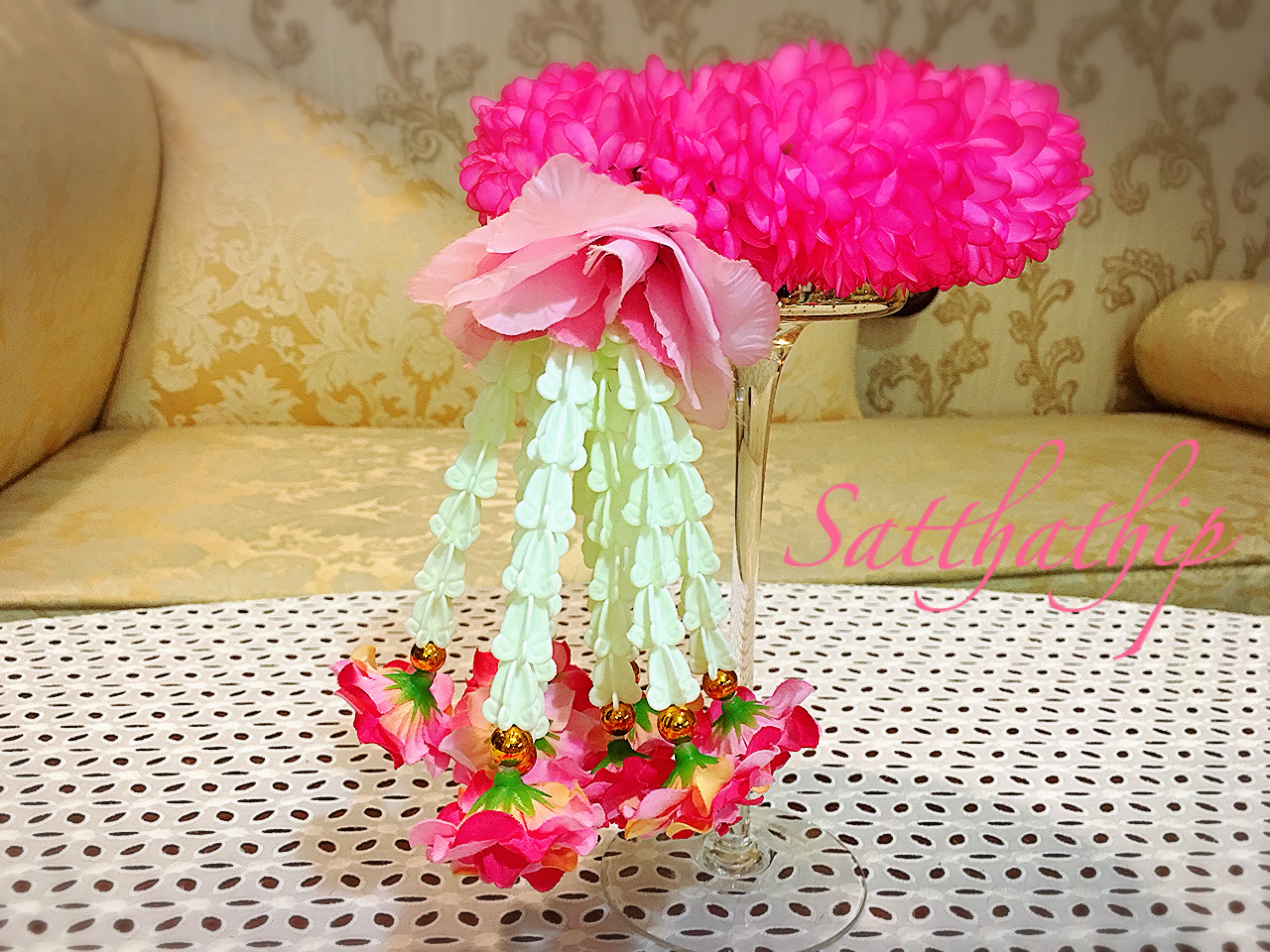 พวงมาลัยผ้า - พวงมาลัยดอกมัม ประดิษฐ์ - พวงมาลัยถวายศาลพระภูมิ - Fabric Garland